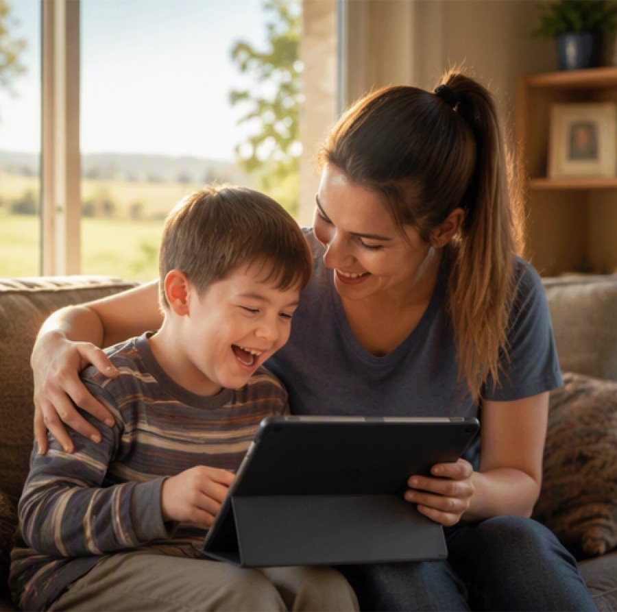 A parent and child sharing a moment on a tablet